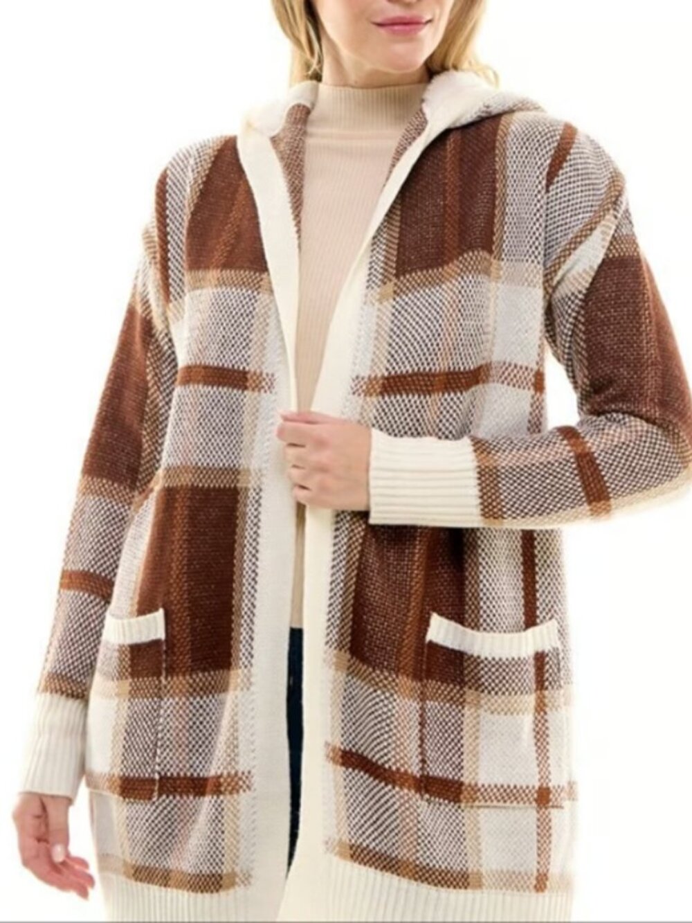 Crave Fame Cozy Hooded Cardigan XL Ivory Brown Plaid Knit Fleece Lined - A439